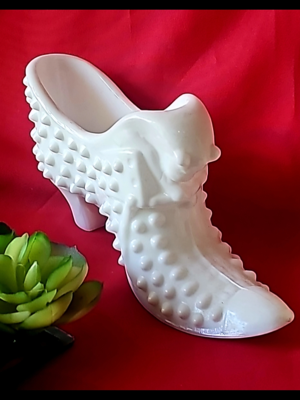 Vintage MILK GLASS White Ceramic Studded Heeled Bootie Shoe Decorative Accent